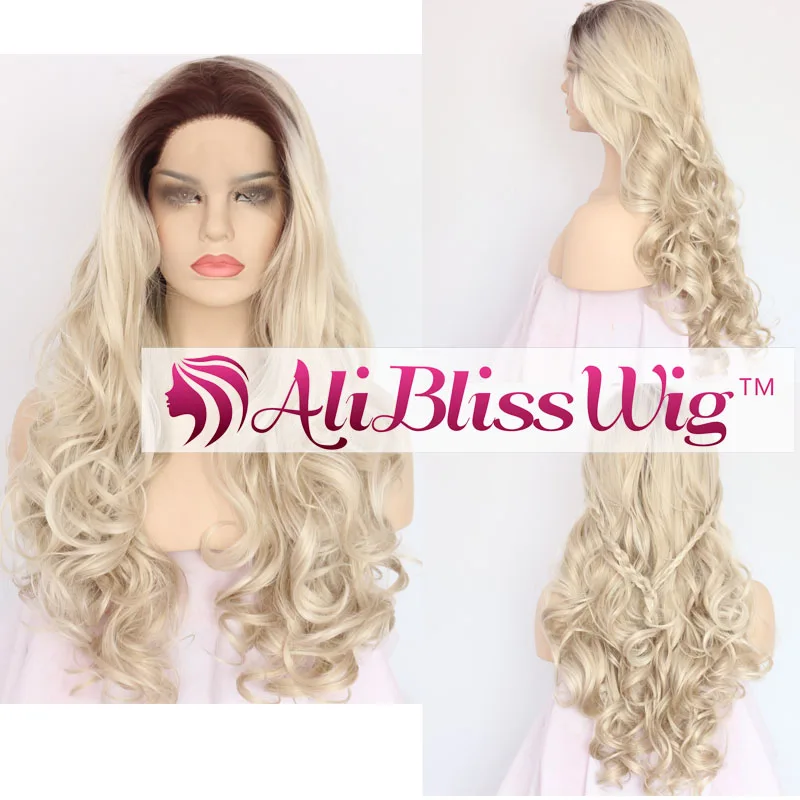 

24 Heat Resistant Fiber Hair Long Wavy Dark Roots Two Tone Ombre Blonde Curly Lace Front Synthetic Wig