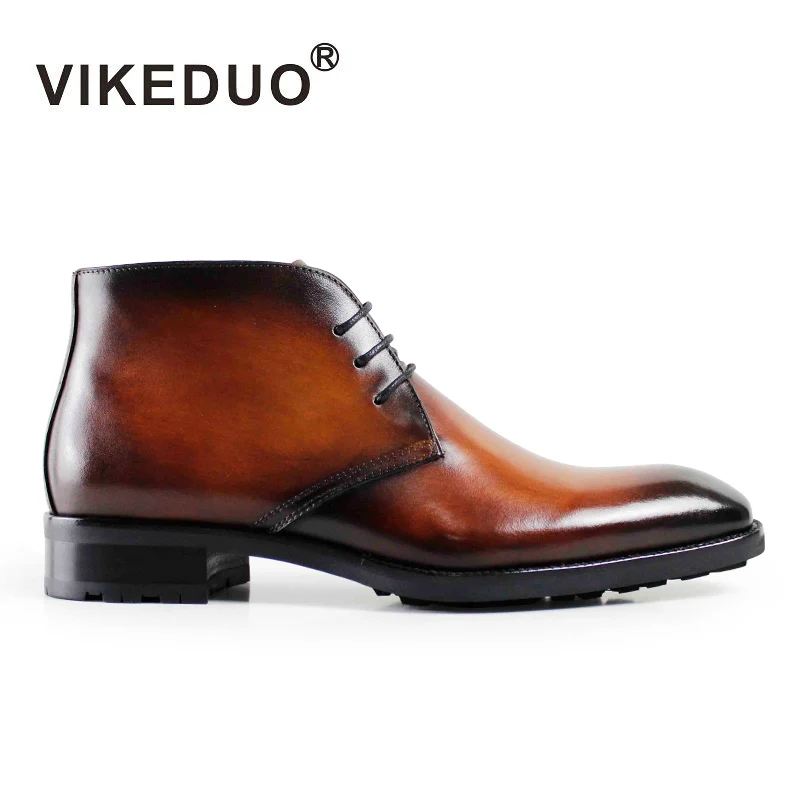 

VIKEDUO Hand Made Brown Dye Color Formal Patina Shoes Gentlemen High Top Men Chukka Boots Mens Desert Boots