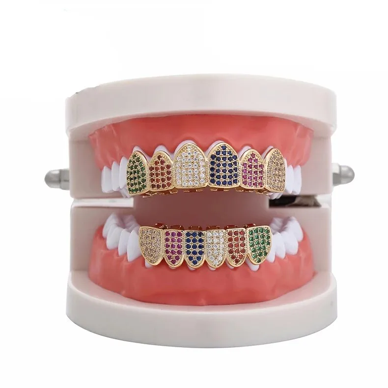 Micro Pave Mix Color Cz Diamond 6 Top Bottom Grillz Set Custom Iced Out Rainbow Zircon Stone