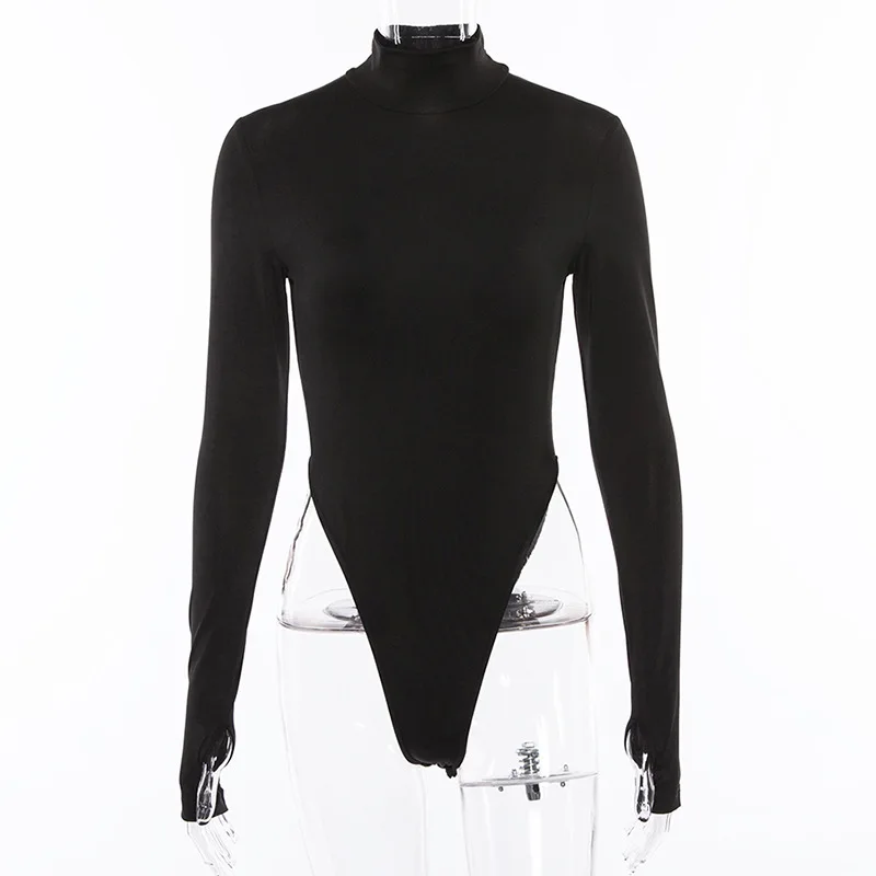 Oem Color Women Turtleneck Sexy Long Sleeve With Thumb Holes High Cut Bodysuit Candy Color 0392