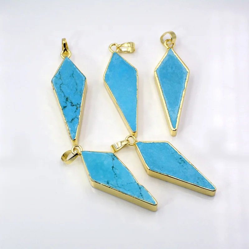 

Long Teardrop gold Plated Natural rhombus Copper Turquoise Pendant Bead Shield Drop Real Turquoise Gemstone Charm Boho jewelry, Blue turquoise
