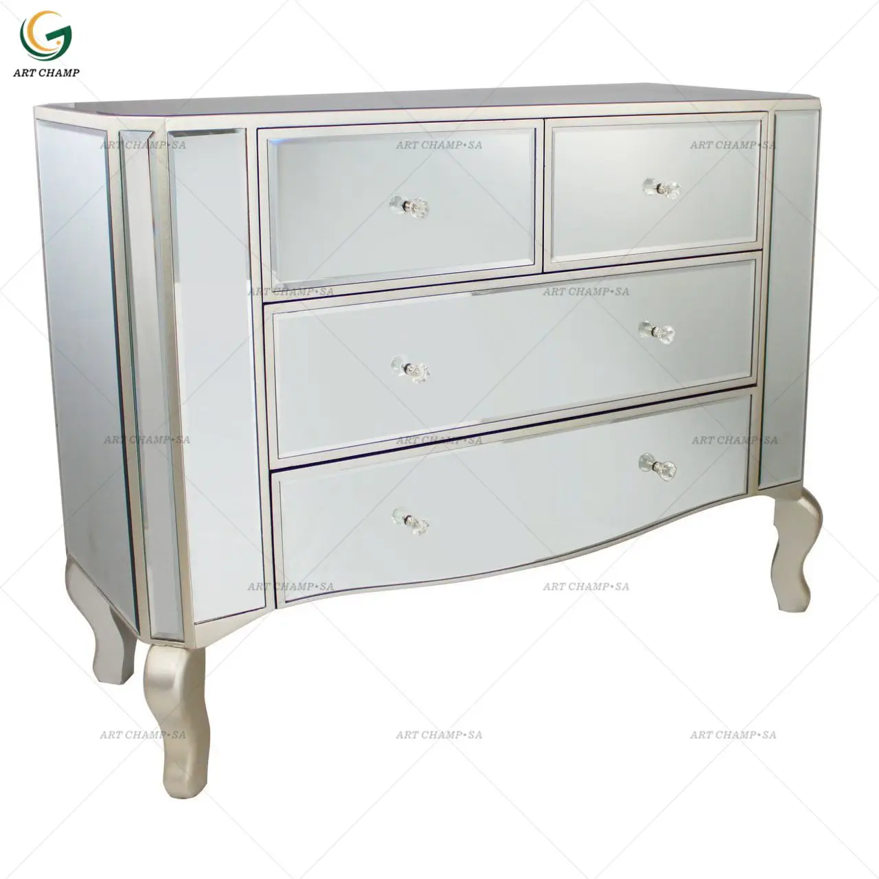 Silver Wooden Trim Mirrored Chest Of Drawer Furniture Venetian