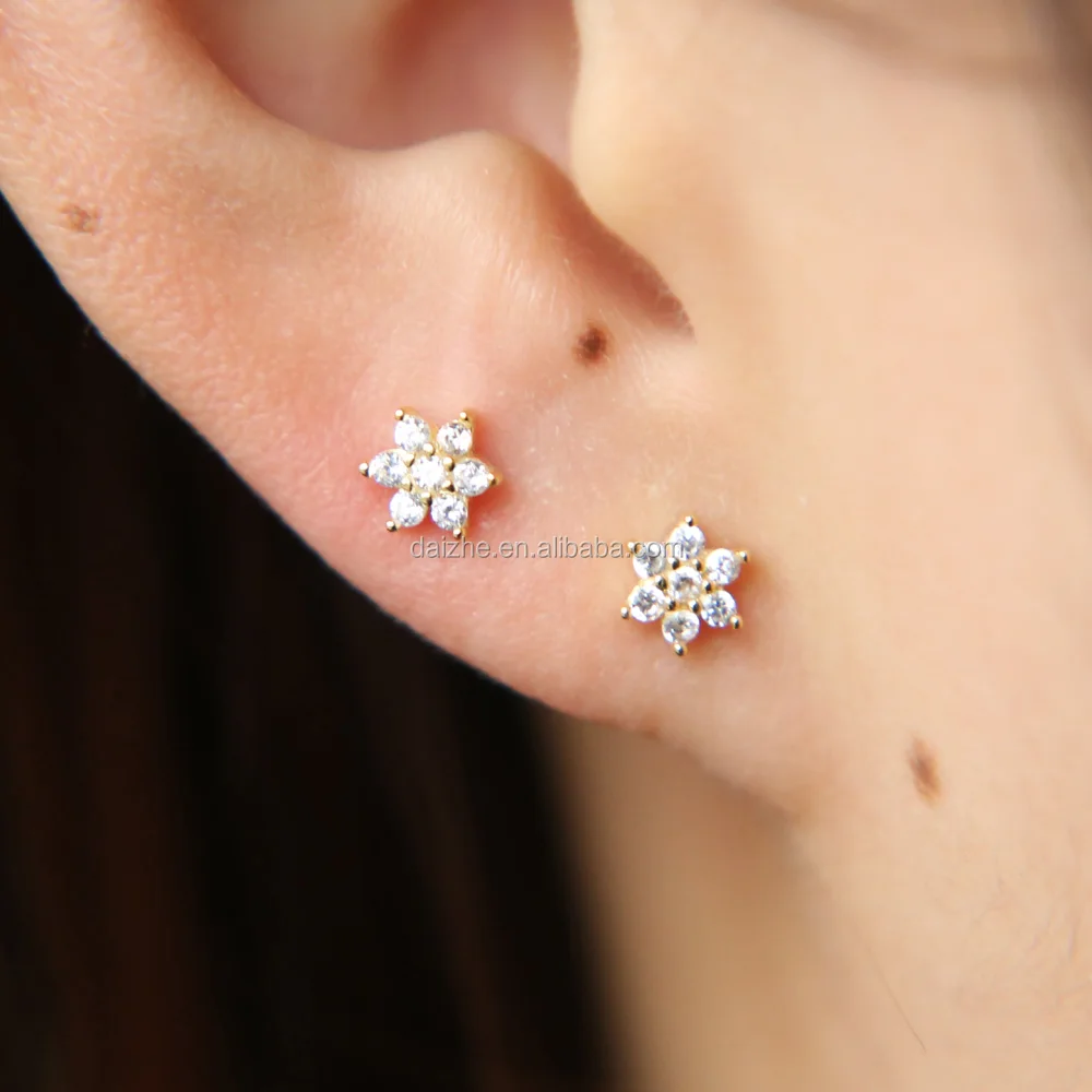 

925 sterling silver cz stone paved tiny flower girl stud earring for silver gold midi stud earring wedding gift
