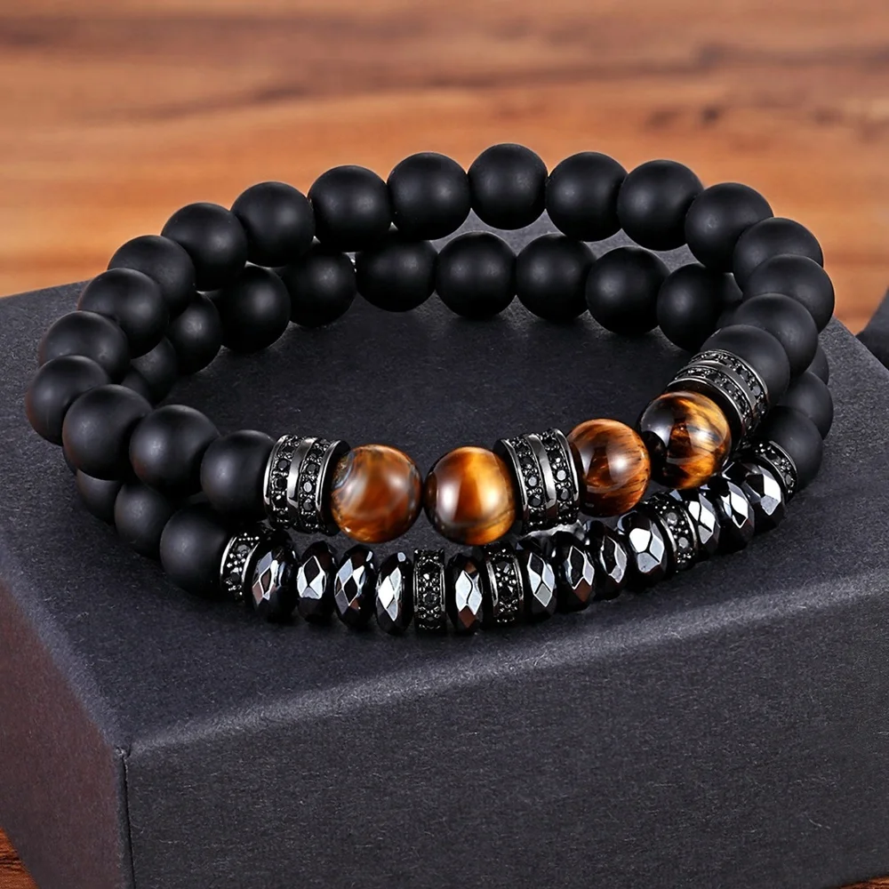 

High Quality Natural Matte Agate and Tiger Eye Stone Beads Men Elastic Bracelets Charm Handmade Couple Bracelets Jewelry Gift, Gold/rose gold/silver/black