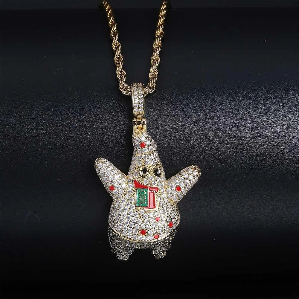 

Iced Out Hip Hop Cartoon Shiny Gold Plated Charm Patrick Star Necklace Cubic Zircon Spongebob Key Chain Pendant