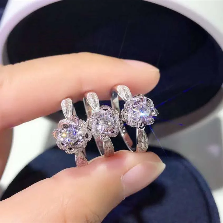 

Gorgeous Flower Wedding Rings Jewelry Hollow Out CZ Zircon Stone Engagement Promise Band Ring Lady