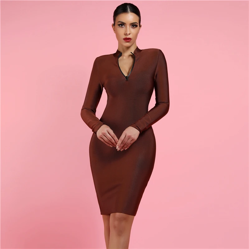 

New Trends 2019 Women's Wine Deep V Neck Long Sleeve Bodycon Evening Bandage Sexy Party Dress, Wine red;nude;green;black