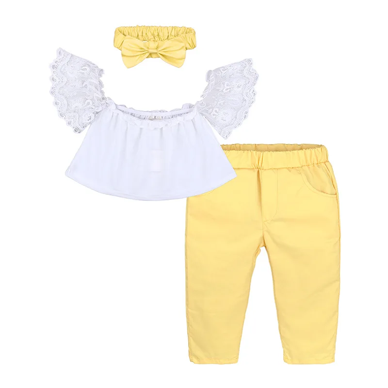 

OEM Service Fashion Girl Clothes Set Shoulderless Lace 3pcs Outfits Set Wholesale, As shows