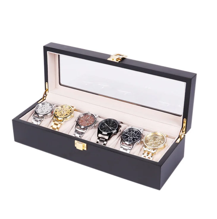 

Luxury customized Black 6 slots wooden Baking paint Matt watch display box with window