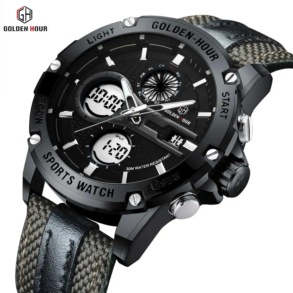 

GOLDEN HOUR Men Sports Watches Waterproof Big Dial Quartz Digital Watch For Men Luxury Brand LED Military Waterproof Watch