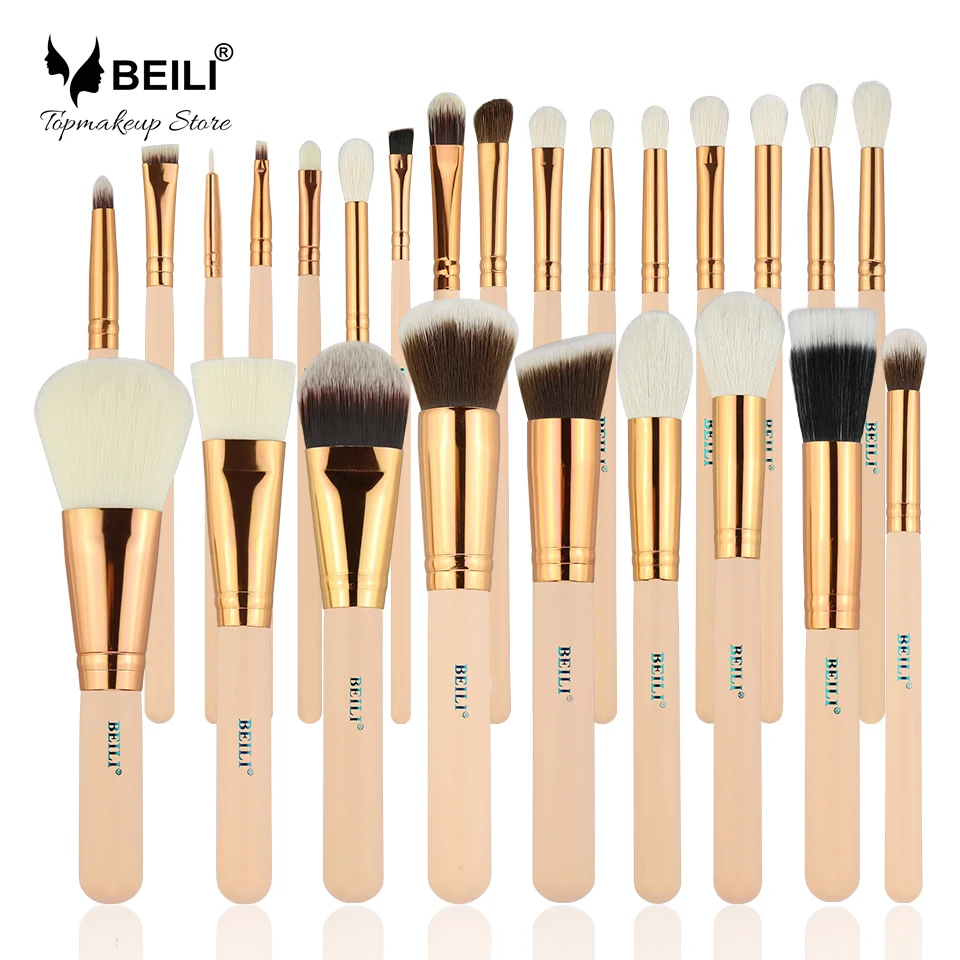 

BEILI Pro 25PCS Cosmetic Brush Soft Natural Hair Pink Wood Handle Eyebrow Lipliner Fondation Contour Blending Makeup Brush Set