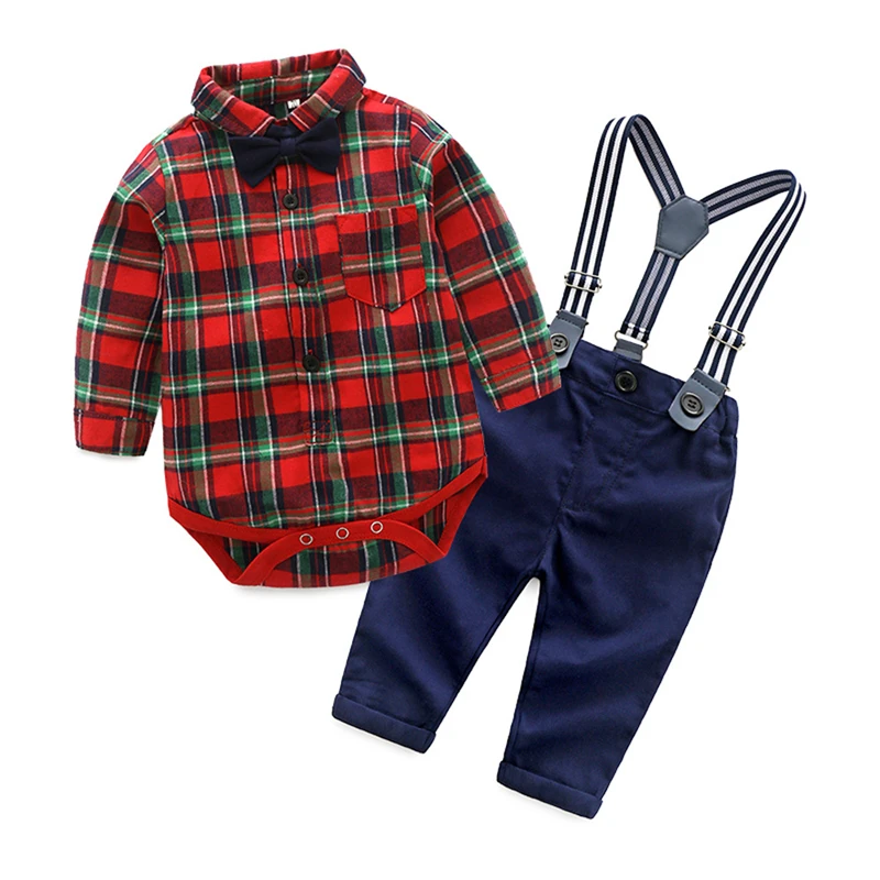 High quality Plaid shirt strap jeans kids clothing wholesale baby boy sets boy clothes
