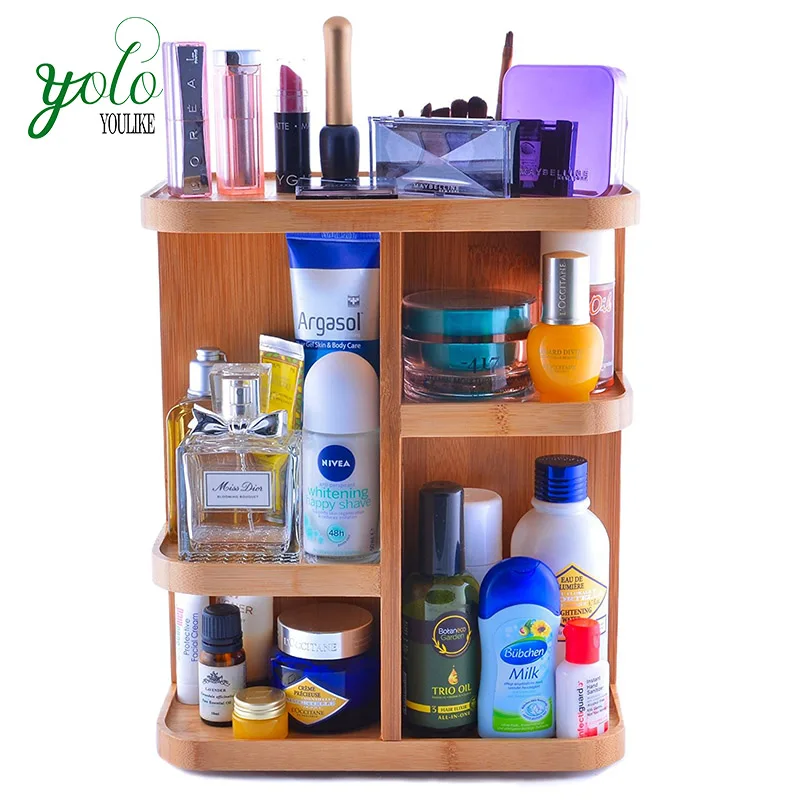 rotating bamboo cosmetic vanity organizer