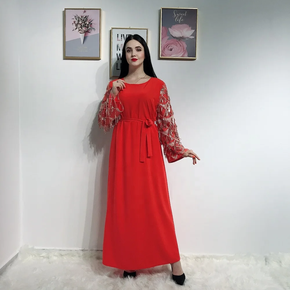 

2019 new arrival sequin tassel sleeve maxi dress soft crepe abaya wholesale for muslim women, Black;pink;orange;gray;white