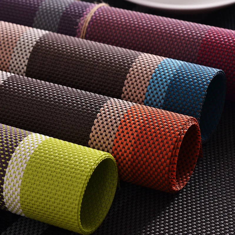 

Wholesale european style Stripe pattern PVC placemat for restaurant, Red/green/blue/violet/blue/grey/brown/beige