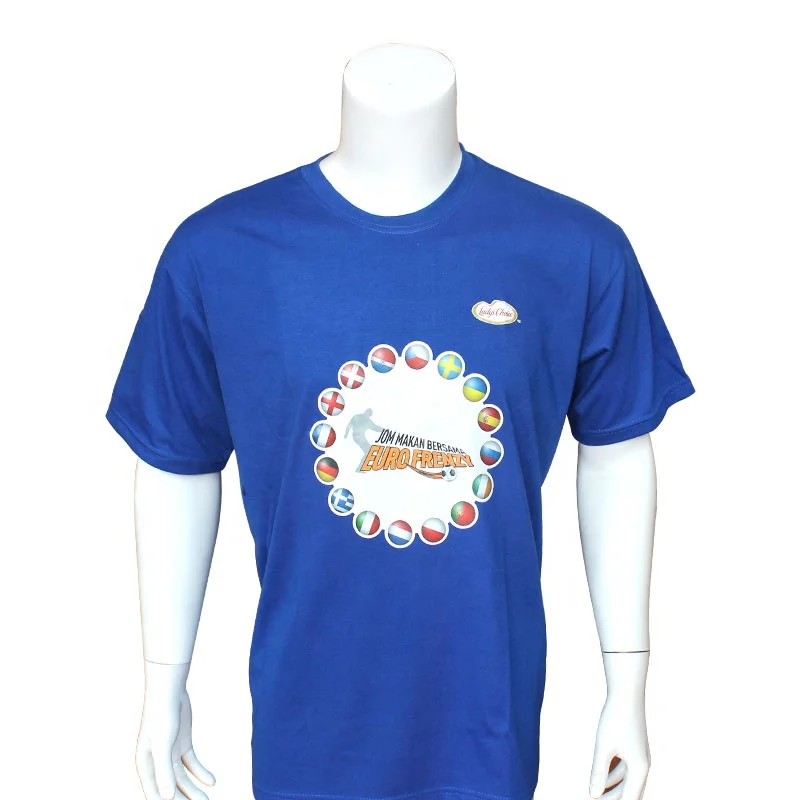 

Promotional OEM Polyester Cotton Blend Men T-shirt with Heat Transfer Printing, Blue