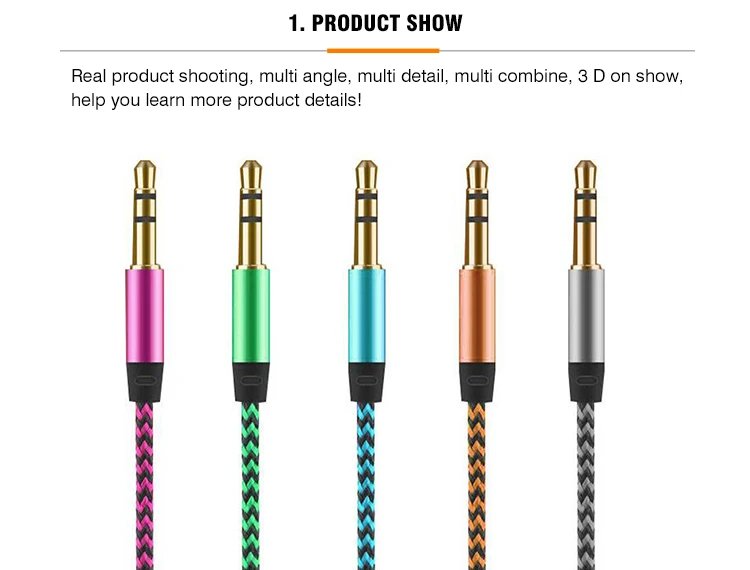 Colorful 3.5mm braided aux audio cable metal gold end 3.5mm male to male aux car record cable
