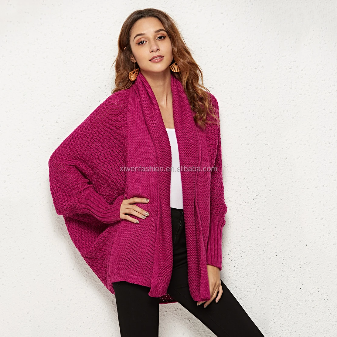 

Women Autumn and Winter Chunky butterfly sleeves Open Front Knit Jackets Dolman Sleeve Cardigan Sweaters