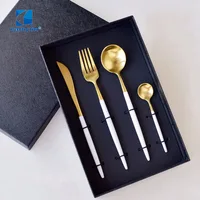 

Cathylin luxury golden matte stainless steel knife fork spoon hotel cutlery set with white handle