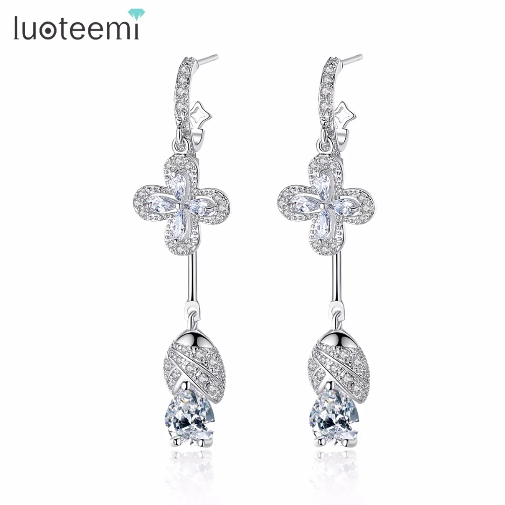 

LUOTEEMI Women Long Luxury Shiny Pave 3A Cubic Zirconia Earrings Exquisite CZ Chandelier Wedding Bridal Earrings Flower