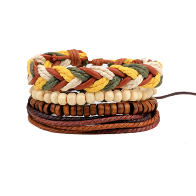

Wooden Beads Hemp Rope Leather Mixed Multilayer Bracelets Bangles,Adjustable Stretchable Leather Braid Bracelets, Coffe+white+yellow+green