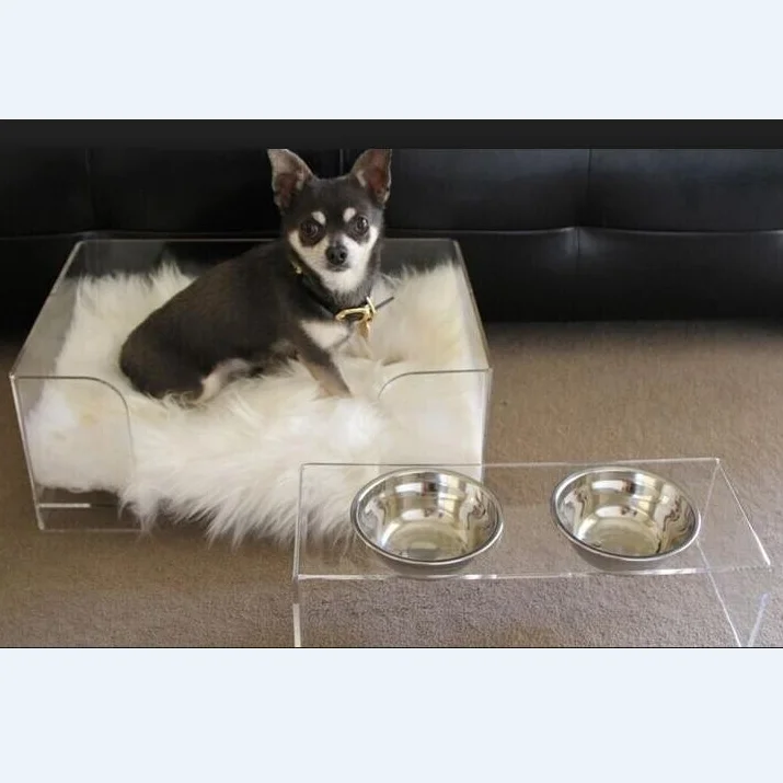 Clear Acrylic Dog Sleeping Bed And Feeder Lucite Pet Bed And Bowl