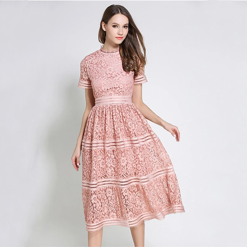 

Wholesale in Stock Women Summer Elegant Hollow Out Lace Short Sleeve Women Lace Pink Dress, Green pinck