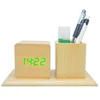 Hot Sale Smart Alarm Clock with pen holder Voice Control Digital Wooden clock for desk laptop table office home