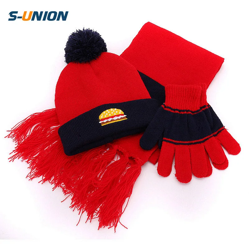 

Wholesale customized funny embroidery hamburg Red 3pcs set kids winter warm crochet beainie knitted hat with scarf gloves