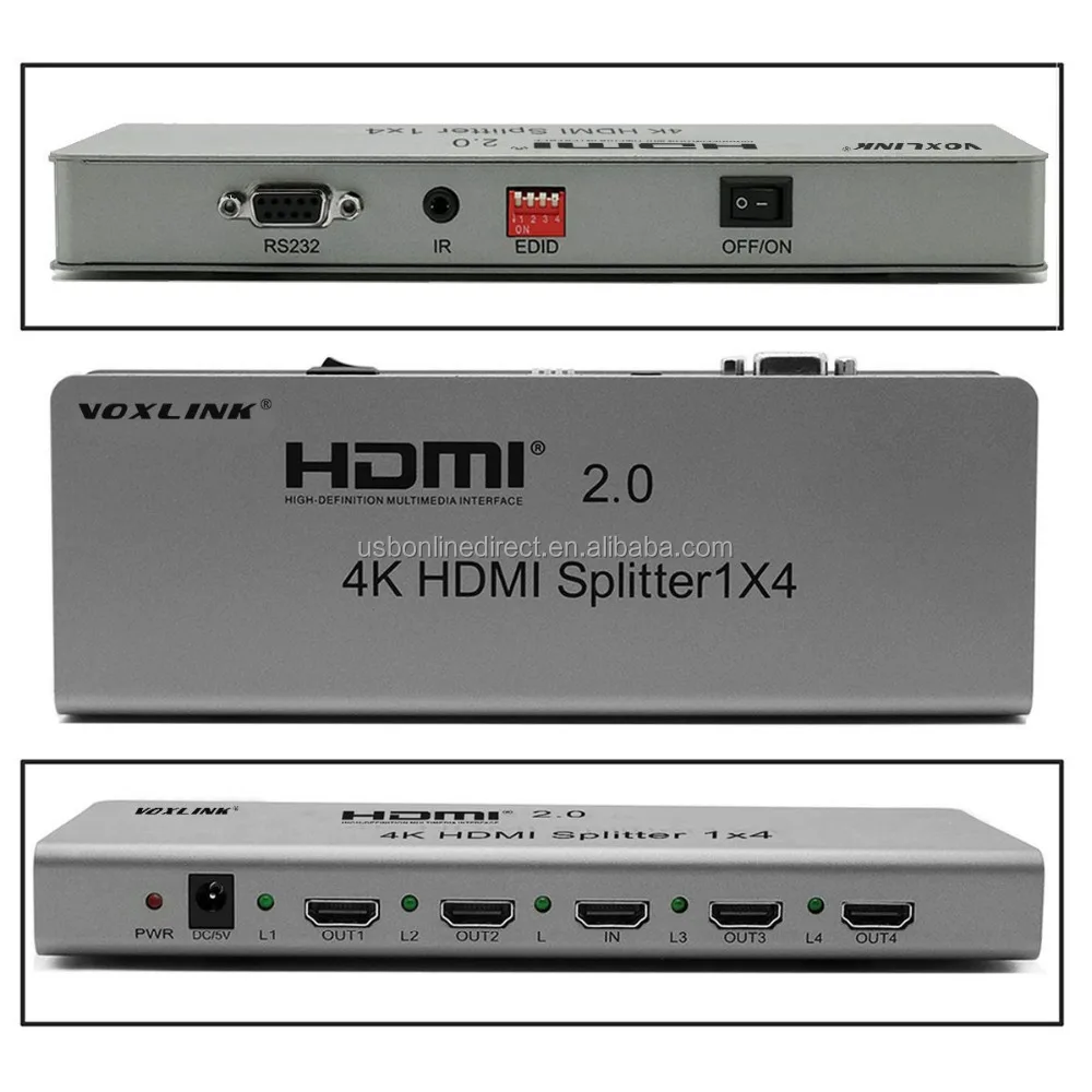 

Factory price VOXLINK NEW metal case 1X4 HDMI 2.0 splitter 4K with EDID HDMI 2.0 converter, Silver