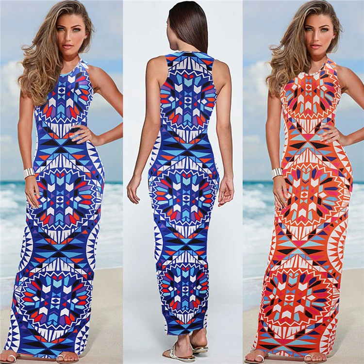 

Fashion printed women fitness summer ladies beach dress, Red;blue