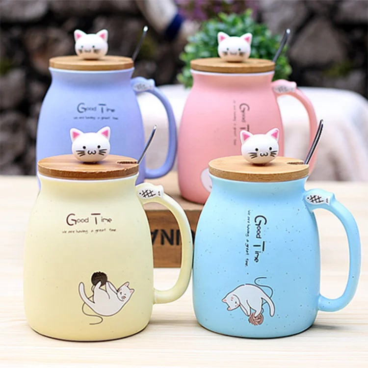 

wholesale online 450ml Creative color animal cat heat-resistant Mug cartoon with bamboo lid cup kitten coffee ceramic 3d mugs, White