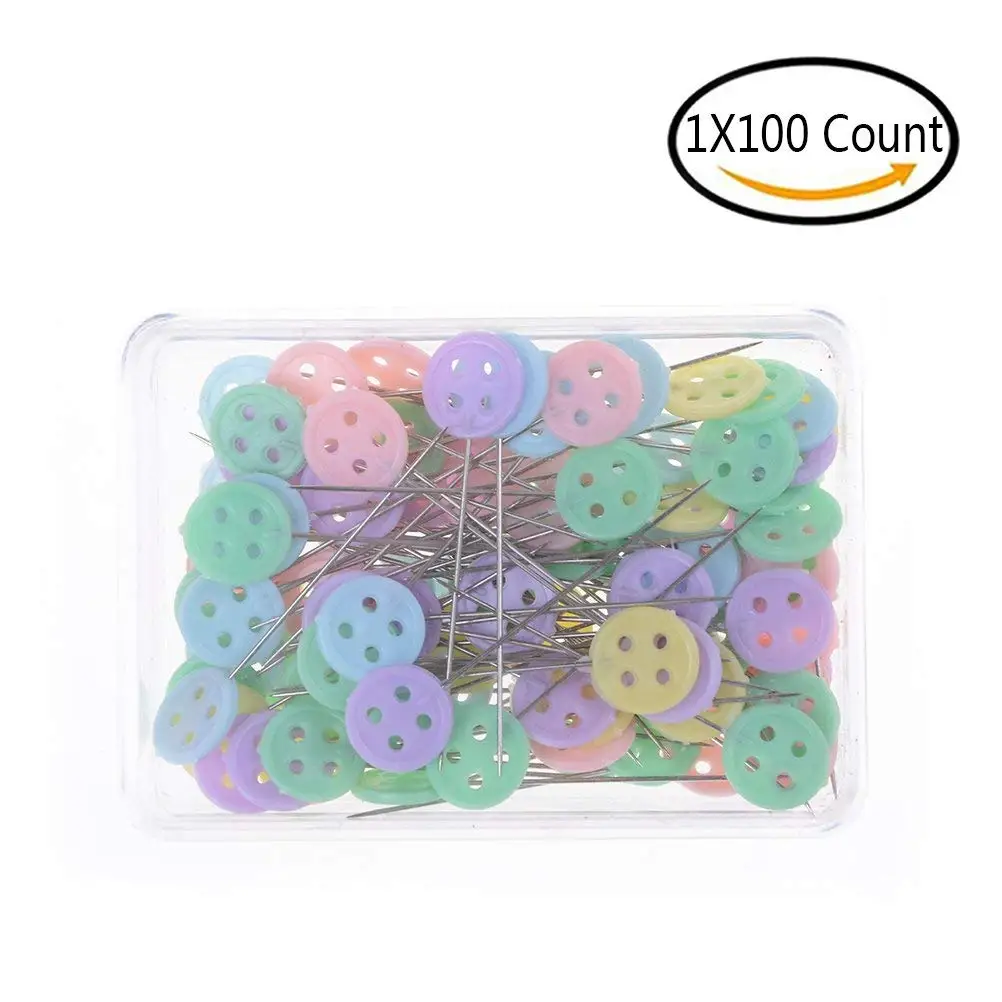 FeiHong 100 Pieces Sewing Pins 100 Pieces Flat Button Head Sewing Pins Flat Button Head Pins Straight Quilting Pins for DIY Dressmaker Jewelry Decoration with Transparent Box