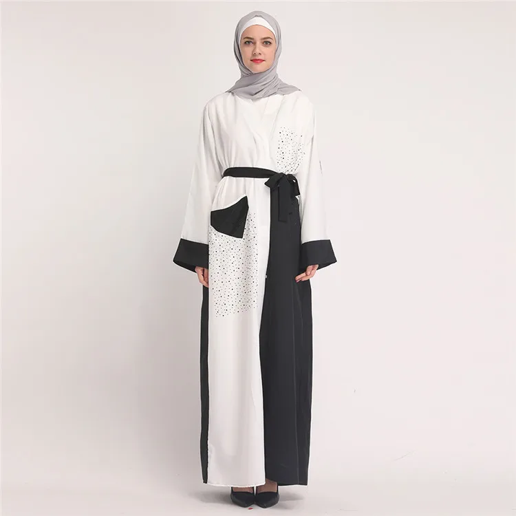 

2019 Patchwork Color With Pocket Cardigan Trendy Indonesia Islamic Clothing Open Abaya, Same as picture