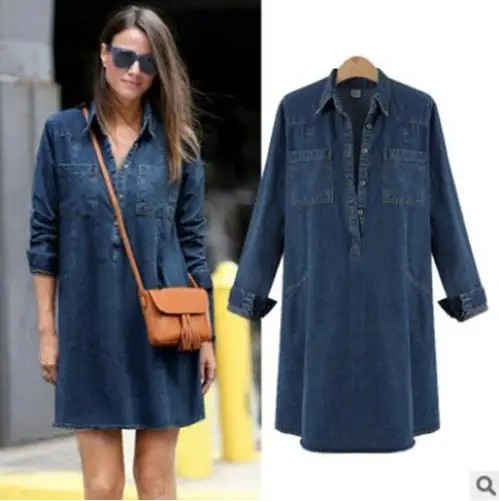 

New Fashion European Women Spring Slim Long Denim Dress Ladies Plus Size Loose Casual Dress Girls Summer Jeans Clothing, Dark blue