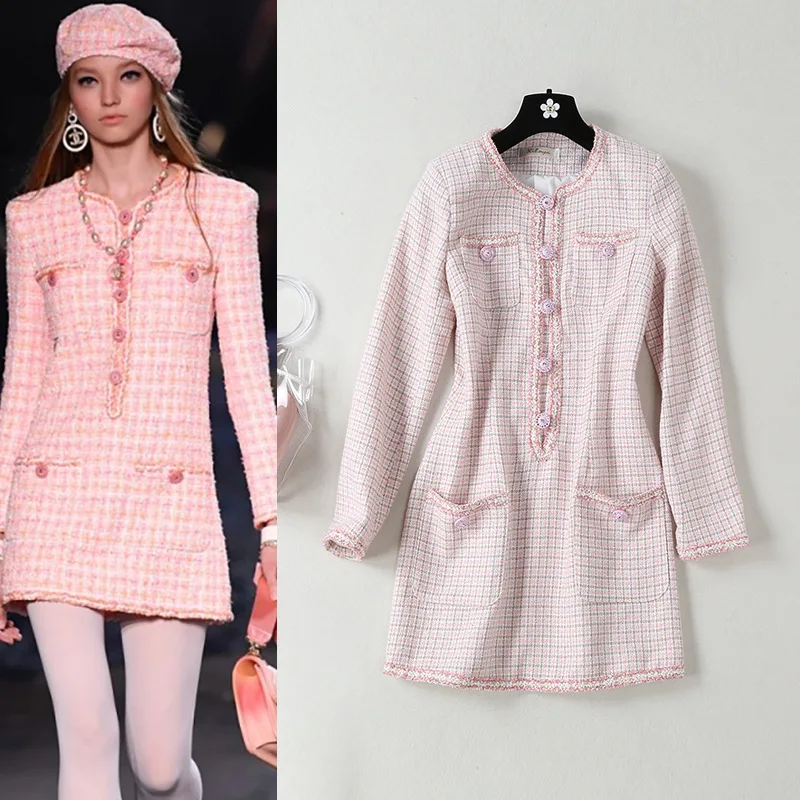 

women long sleeve pink buttons beaded pockets tweed dress vestidos formal office elegant vintage evening party dress