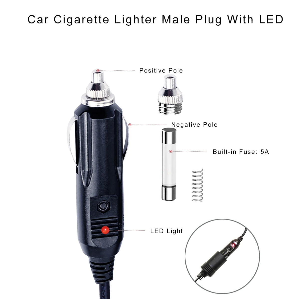 12v Car Cigarette Lighter Male Plug To 2 Ring Terminal Connect