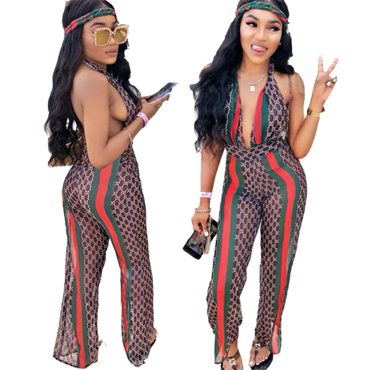 

0625M0582 Summer sexy sleeveless woman deep v neck halter top leopard jumpsuit