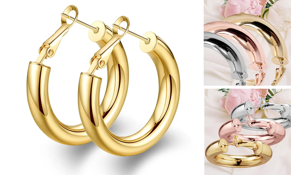 Wide Thick 18K Gold Plated Tube Hoop Click-Top Half Round Hoops Earrings For Women Girls