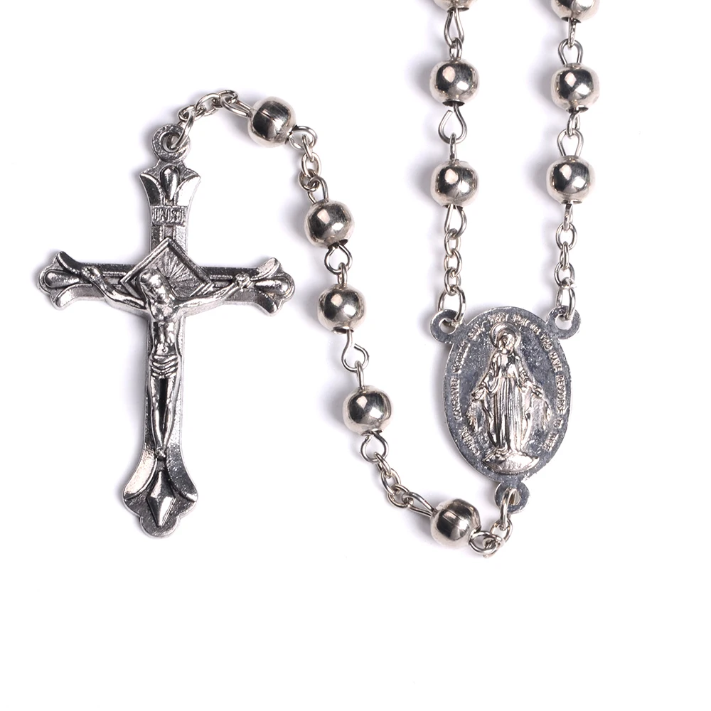 

Wholesale Alloy Cross Iron Round Beads in chain Rosary Catholic Pray Religious Necklace