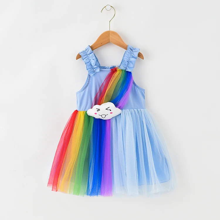 

2019 new arrival rainbow cloud girls summer clothing kids ruffle suspenders fashion hot night cotton neon party dress