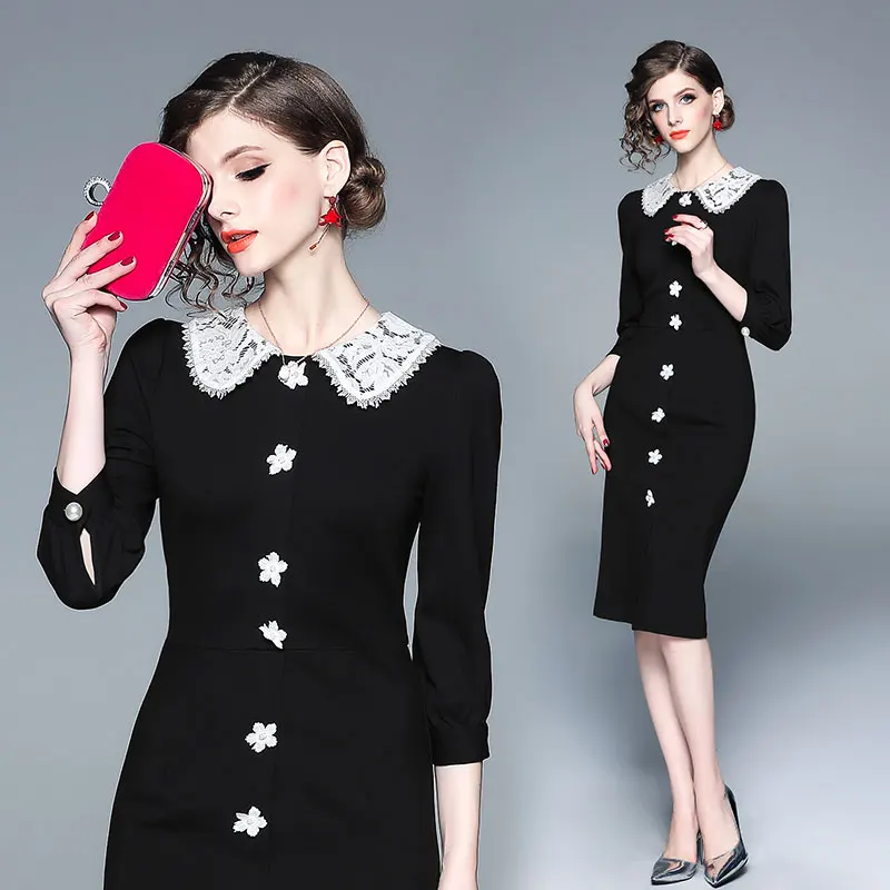 
Wholesale Women Spring New Fashion Three Quarter Sleeve Peter Pan Collar Pearls Beaded Lace Decoration Long Black Pencil Dress 