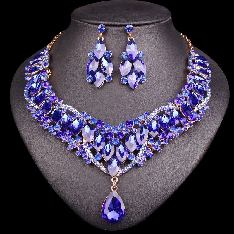 

Gorgeous Wedding Bridal Costume African Indian Jewelry sets Rhinestone Blue Crystal Necklace Stud Earring Set For Women Party