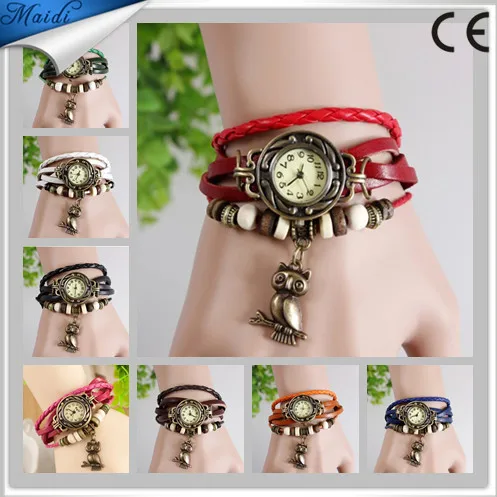 

Free Shipping New Relojes Mujer 2015 Fashion Women Casual Leather Weave Wrap Wrist OWL Watch Charm Bracelet Watches 2015 VW005, 11 different colors as picture