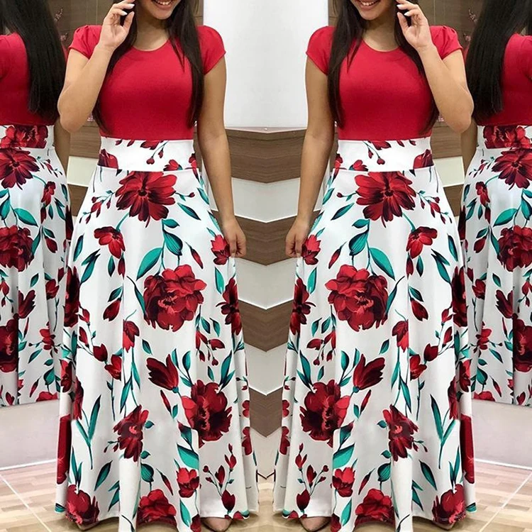 

Eye-Catching Contrast Color Floral Printed Short Sleeves Women Summer Maxi Fashionable Dress, As shown