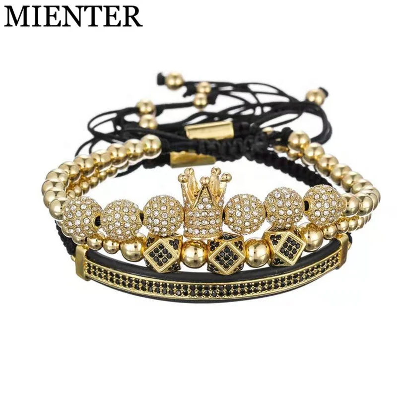 

Wholesale Luxury 3pcs/set CZ Polygon Ball Charm Set Macrame Handmade Men Copper Bead Crown Bracelet, Picture