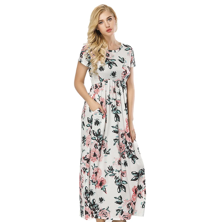 

High Quality White Floral Print Short Sleeve Round Neck Maxi Dress Women