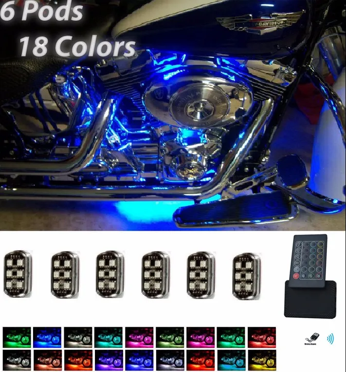 6Pc Pod Premier Million Color Motorcycle Underglow Neon LED Accent Light Kit with TWO remote music controller