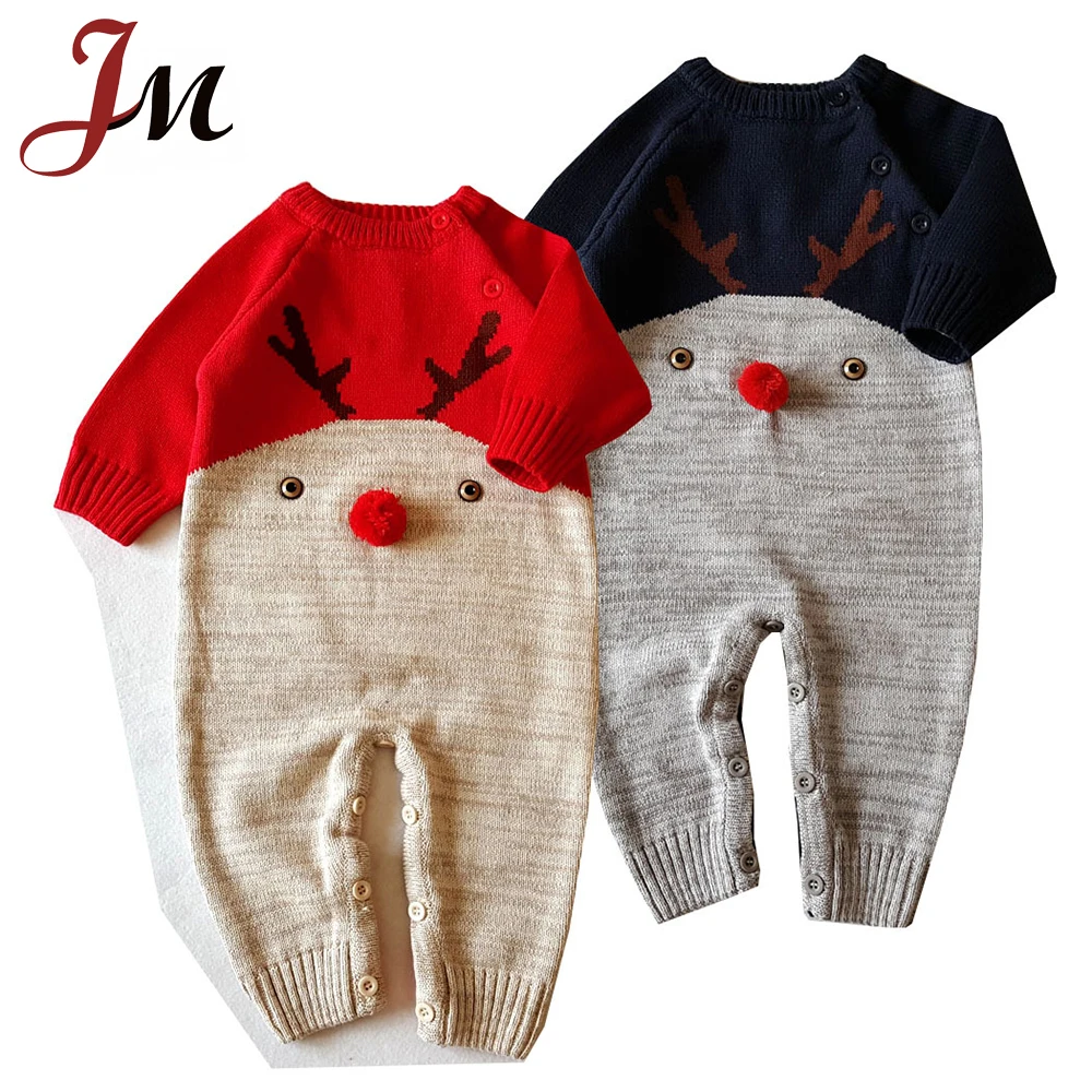 

Hot selling baby christmas items infant knitting red nose reindeer romper