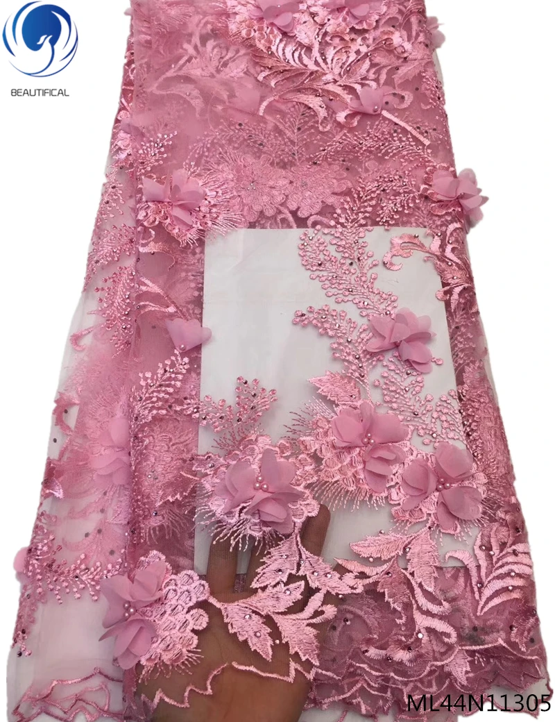 

Beautifical 3d pink lace fabric wholesale french lace beaded bridal lace fabric with rhinestones for dresses ML44N113, Can be customized